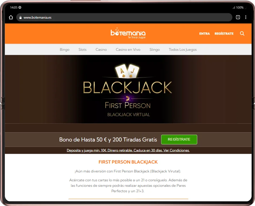 Botemania Blackjack en la aplicación móvil